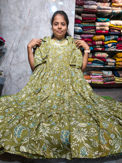 Women’s 2-Tier Puff Sleeve Maxi Dress – Mixed Cotton | M to 4XL