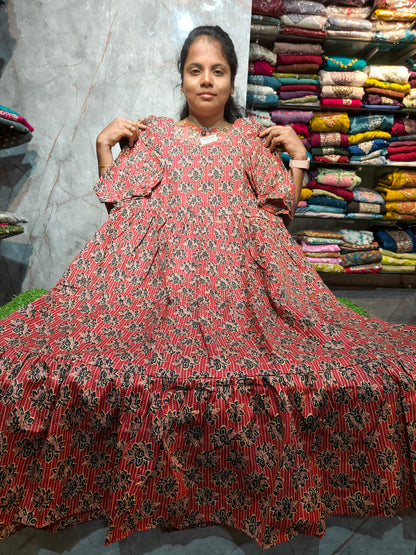Women’s 2-Tier Puff Sleeve Maxi Dress – Mixed Cotton | M to 4XL