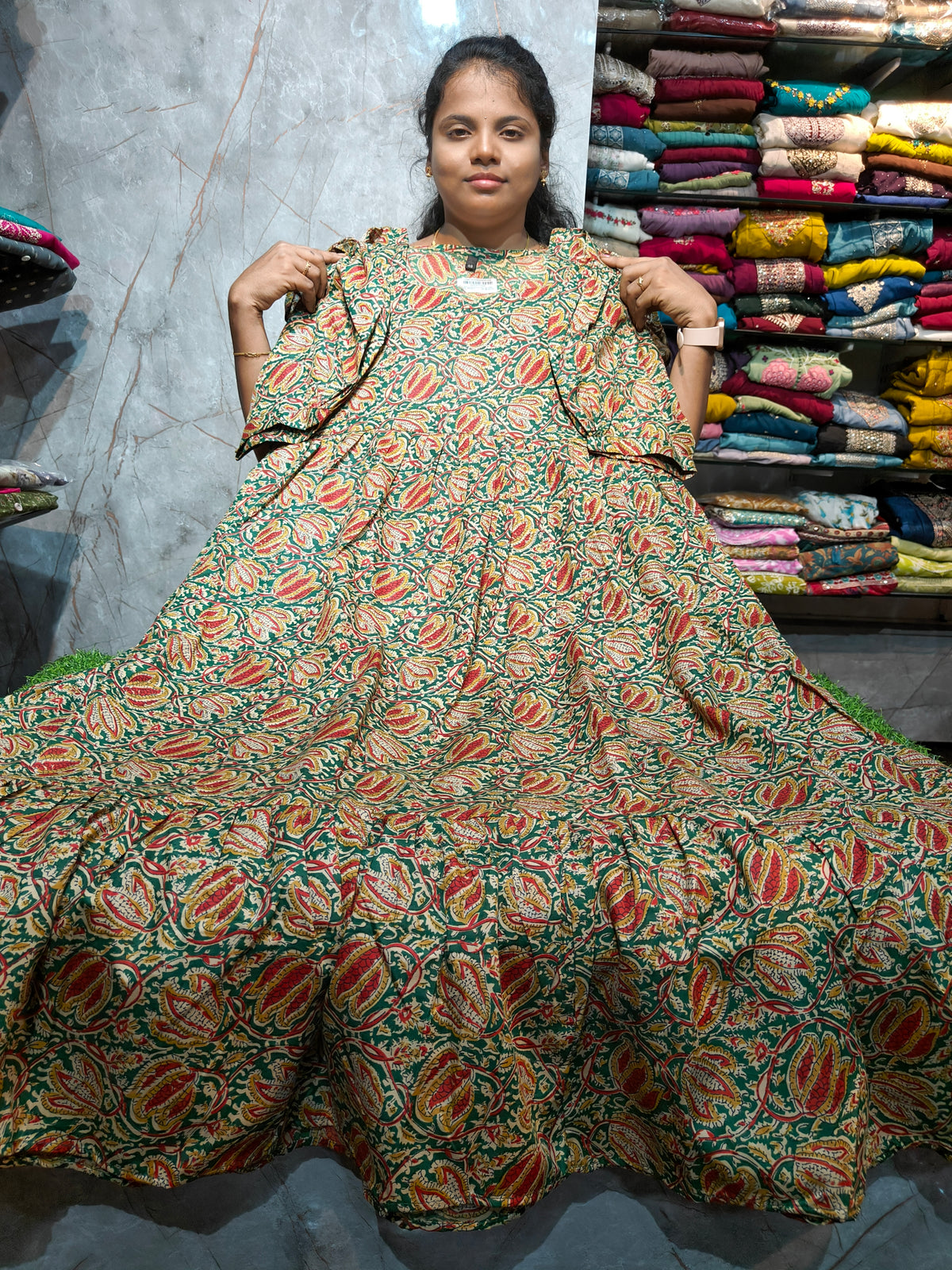 Women’s 2-Tier Puff Sleeve Maxi Dress – Mixed Cotton | M to 4XL