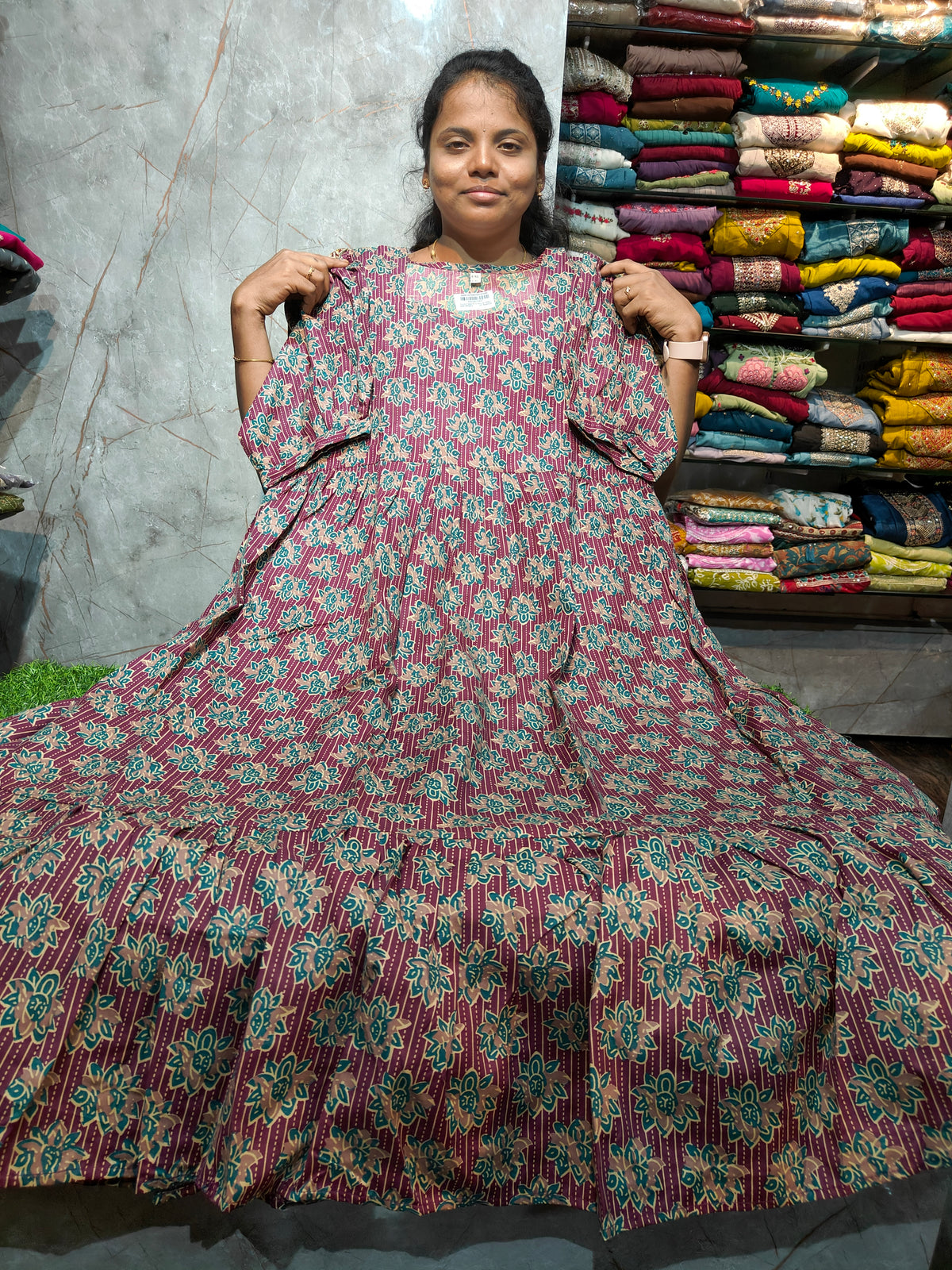 Women’s 2-Tier Puff Sleeve Maxi Dress – Mixed Cotton | M to 4XL