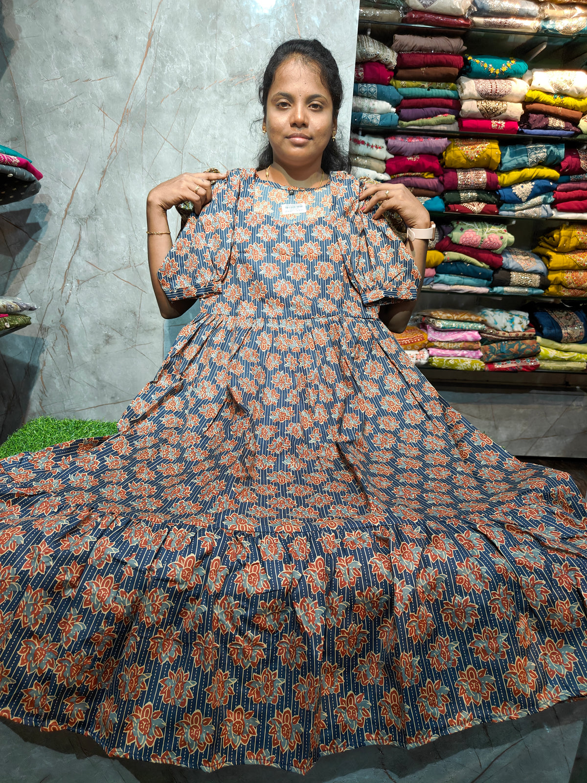 Women’s 2-Tier Puff Sleeve Maxi Dress – Mixed Cotton | M to 4XL