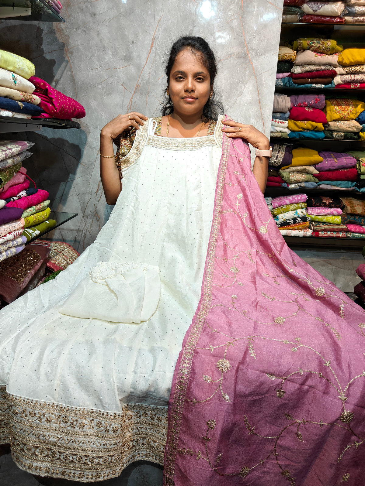 Premium Vichitra Silk Grand Work Long Sharara Set with Straight Pant, Sleeves & Shawl – M to XXL | RSFS154 | ₹1,299