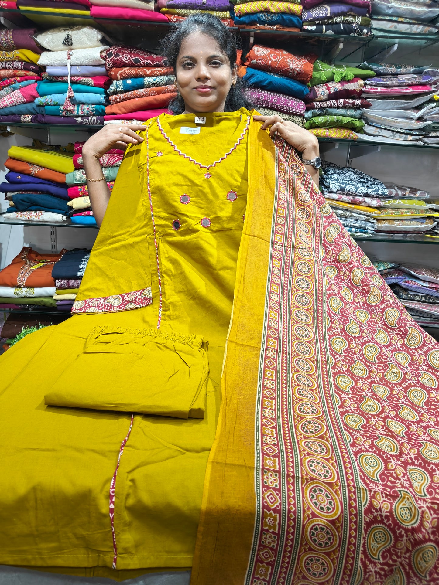 Cotton V-Neck Salwar Set with Bottom & Shawl | 4XL–7XL | PSCS61 | Just ₹899-YELLOW