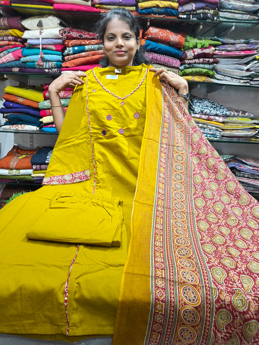Cotton V-Neck Salwar Set with Bottom & Shawl | 4XL–7XL | PSCS61 | Just ₹899-YELLOW
